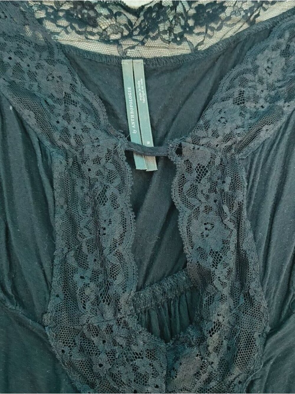 Anthropologie Black Slip Dress Lace Detail Front Slit Size Medium - Picture 2 of 9